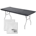 Kwik-Covers Rectangular Plastic Table Covers Bundle Of 10 With One Hundred Forty (140) Ohm Commerce Paper Napkins - Indoor Or Outdoor Fitted Table Covers (Table Not Included) (30X72 10 Pack, Black)