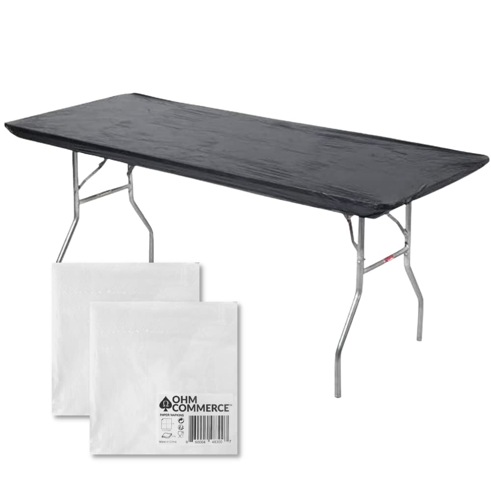 Kwik-Covers Rectangular Plastic Table Covers Bundle Of 10 With One Hundred Forty (140) Ohm Commerce Paper Napkins - Indoor Or Outdoor Fitted Table Covers (Table Not Included) (30X72 10 Pack, Black)