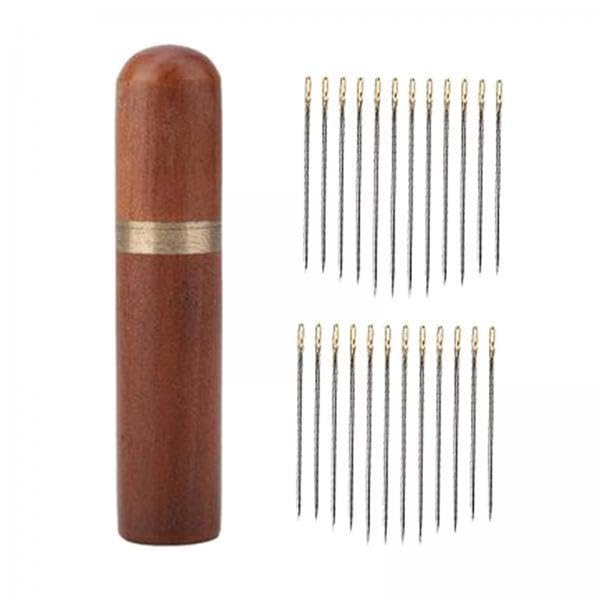 ATORSE 5x24x Self Threading Needles with Wooden Needle Case Brown_Golden Needles