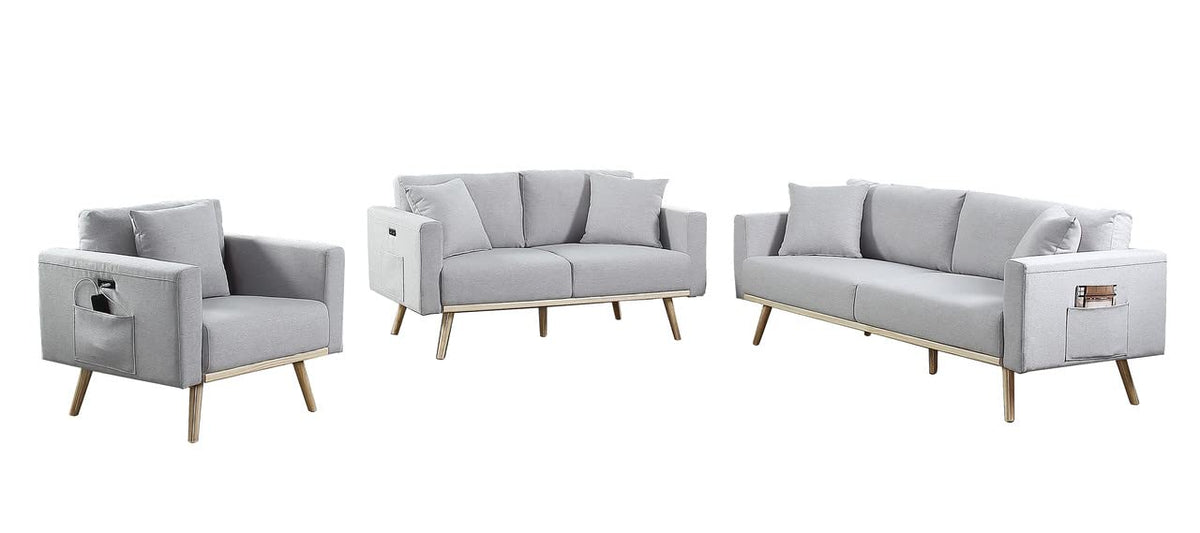 Lilola Home Easton Light Gray Linen Fabric Sofa Loveseat Chair Living Room Set with USB Charging Ports Pockets & Pillows