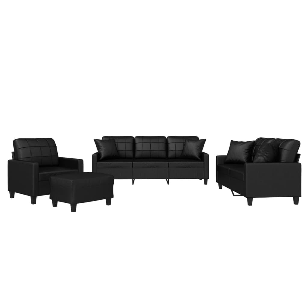 vidaXL 4 Piece Sofa Set with Pillows and Footstool - Black Faux Leather - Modern, Stylish and Comfortable - for Home Living Room Lounge