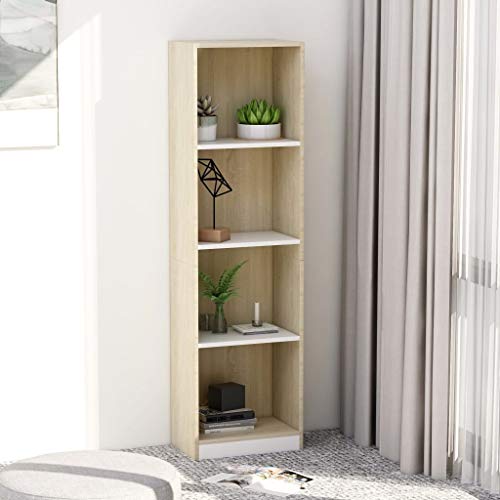 vidaXL 4 Tier Bookcase, Storage Unit with Shelf, Book Cabinet Living Room Indoor Living Room, Modern, White and Oak Sonoma Engineered Wood