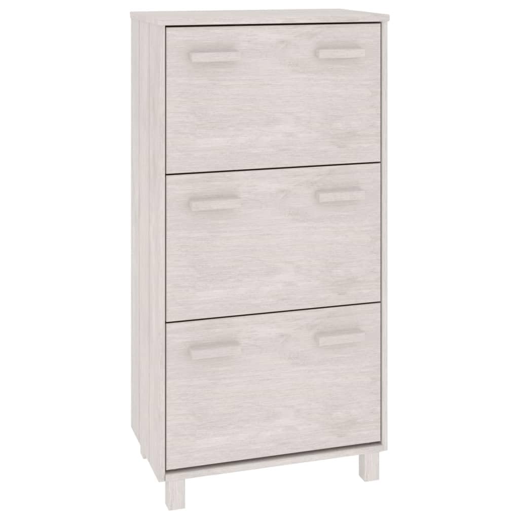 vidaXL Shoe Cabinet HAMAR in White - Solid Pinewood Construction, 3 Flip-Drawers, Clutter-Free Organizer, Meets California Proposition 65 Standards for Safety.