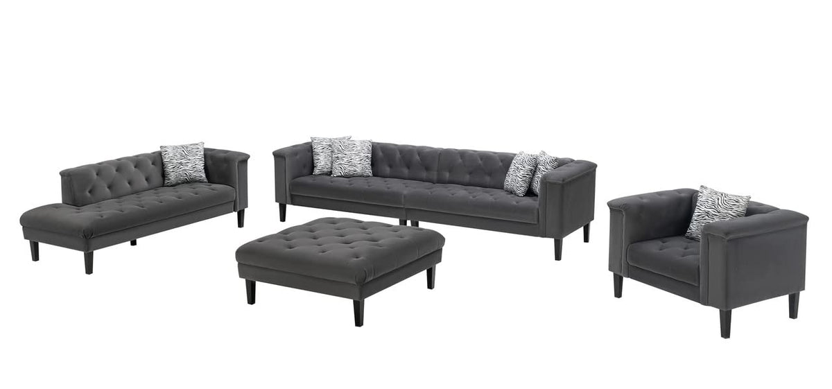 Lilola Home Mary Dark Gray Velvet Tufted Sofa Chaise Chair Ottoman Living Room Set with 6 Accent Pillows