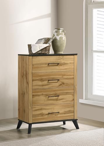Coaster Home Furnishings Kaywood Mid-Century Modern Wood 4-Drawer Bedroom Chest of Drawers Chiffonier Clothing Storage Cabinet Bedroom Armoire Tall Dresser Weathered Brown and Natural Pine 225005