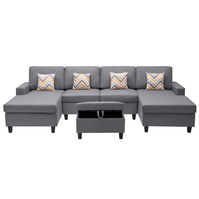 Lilola Home Nolan Gray Linen Fabric 5Pc Double Chaise Sectional Sofa with Interchangeable Legs, Storage Ottoman, and Pillows