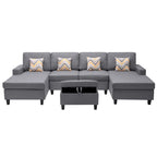 Lilola Home Nolan Gray Linen Fabric 5Pc Double Chaise Sectional Sofa with Interchangeable Legs, Storage Ottoman, and Pillows