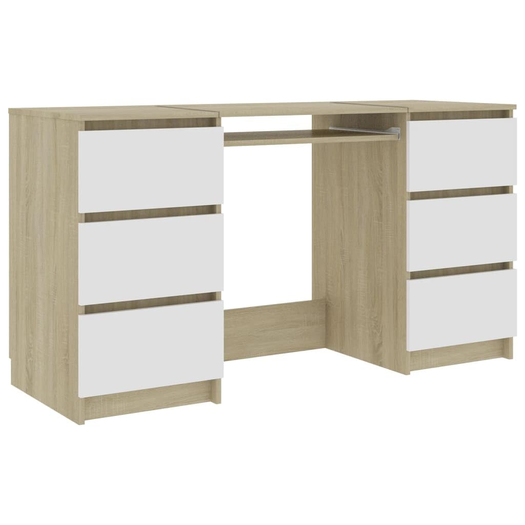 vidaXL Engineered Wood Writing Desk - White and Sonoma Oak Finish - Compact and Space-Saving Design with 6 Drawers - Ideal for Office, Dorm or Study Room