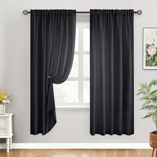 Homeideas Non-See-Through Black Privacy Sheer Curtains 52 X 72 Inches Long 2 Panels Sheer Curtains Light Filtering Window Curtains Drapes For Bedroom Living Room