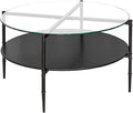 Martha Stewart Caroline Round Coffee Table with Open Storage Shelf, Interchangable Wood Or Tempered Glass Top, Metal Frame, Circ