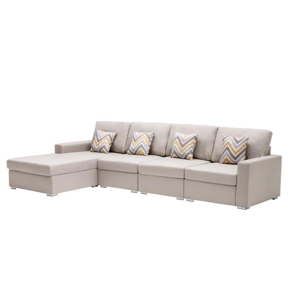 Lilola Home Nolan Beige Linen Fabric 4Pc Reversible Sectional Sofa Chaise with Pillows and Interchangeable Legs