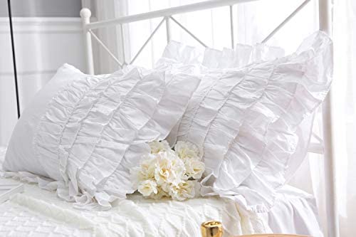 Meaning4 White Shabby Chic Pillow Shams Pillowcases With Ruffles Queen Size Cotton Pillow Covers 20'X30' 2Pcs French Country B