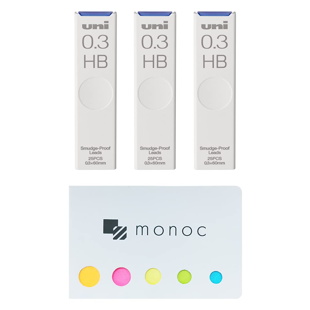 Uni Pencil Lead,'The Uni' Smudge-Proof Leads, 0.3Mm Hb, 25 Leads X 3 Pack &'Monoc' Sticky Note(Japan Import)