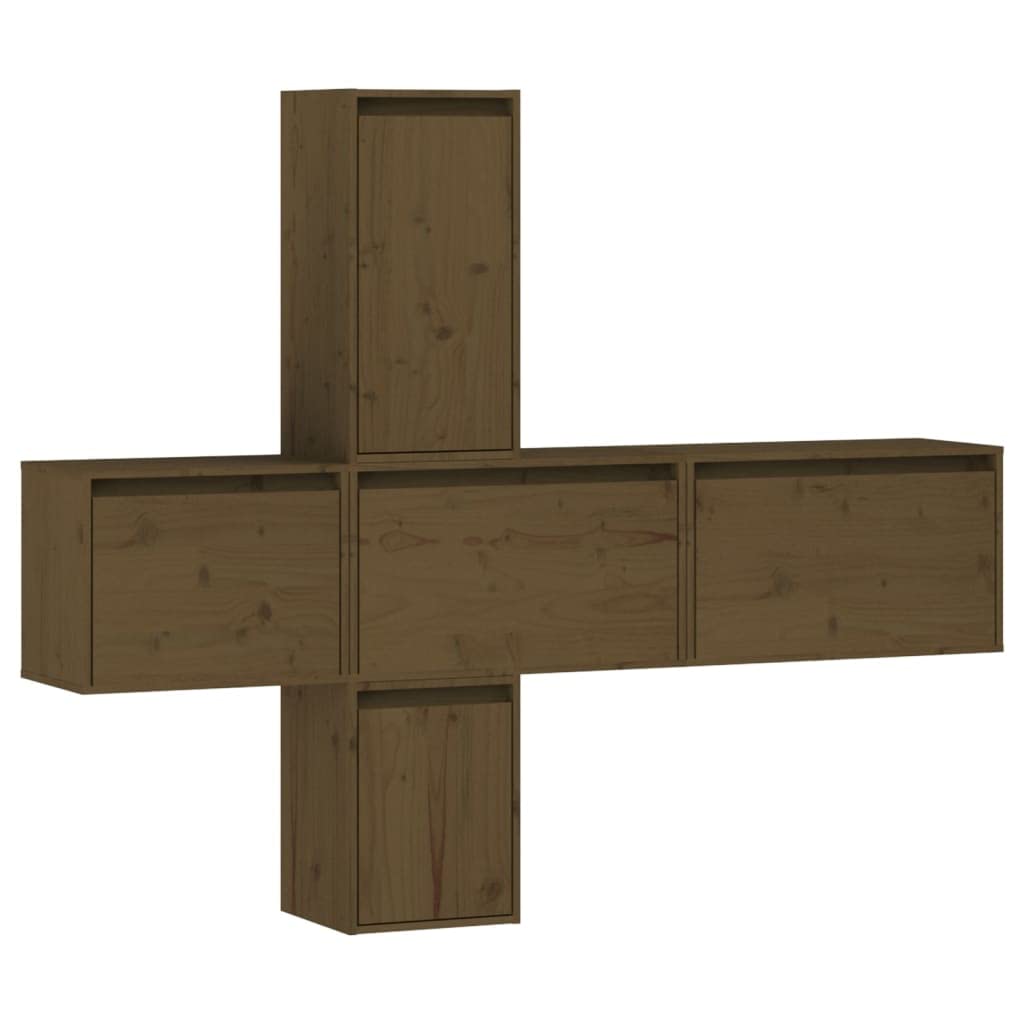 vidaXL TV Stand 5 Pcs, Wall Mounted Entertainment Center TV Console with Storage, Floating TV Stand for Living Room, Honey Brown Solid Wood Pine