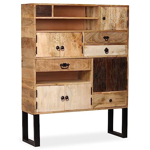 vidaXL Solid Mango Wood Sideboard with Steel Legs - Handcrafted with Hand-Carved Details - 3 Shelves, 4 Cabinets and 5 Drawers - Industrial Style, Brown