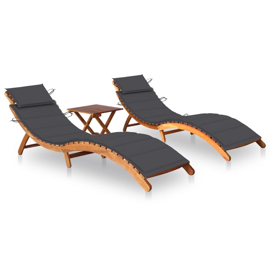 vidaXL Solid Acacia Wood Sun Loungers Set of 2 with Table and Cushions - Foldable and Easy to Assemble - Ideal for Patio, Garden, Indoor and Outdoor Lounging