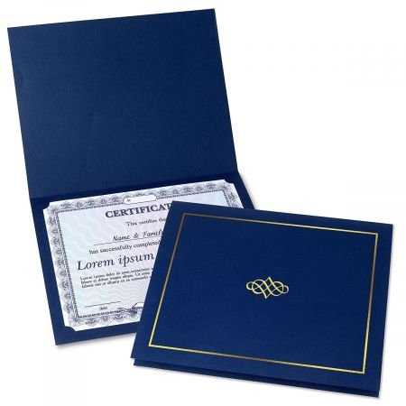 Ornate Blue & Gold Certificate Folders - Pack Of 25, Linen Cover 80 Lb. Stock, Folded, Die-Cut Corners, For Office, Business Awa