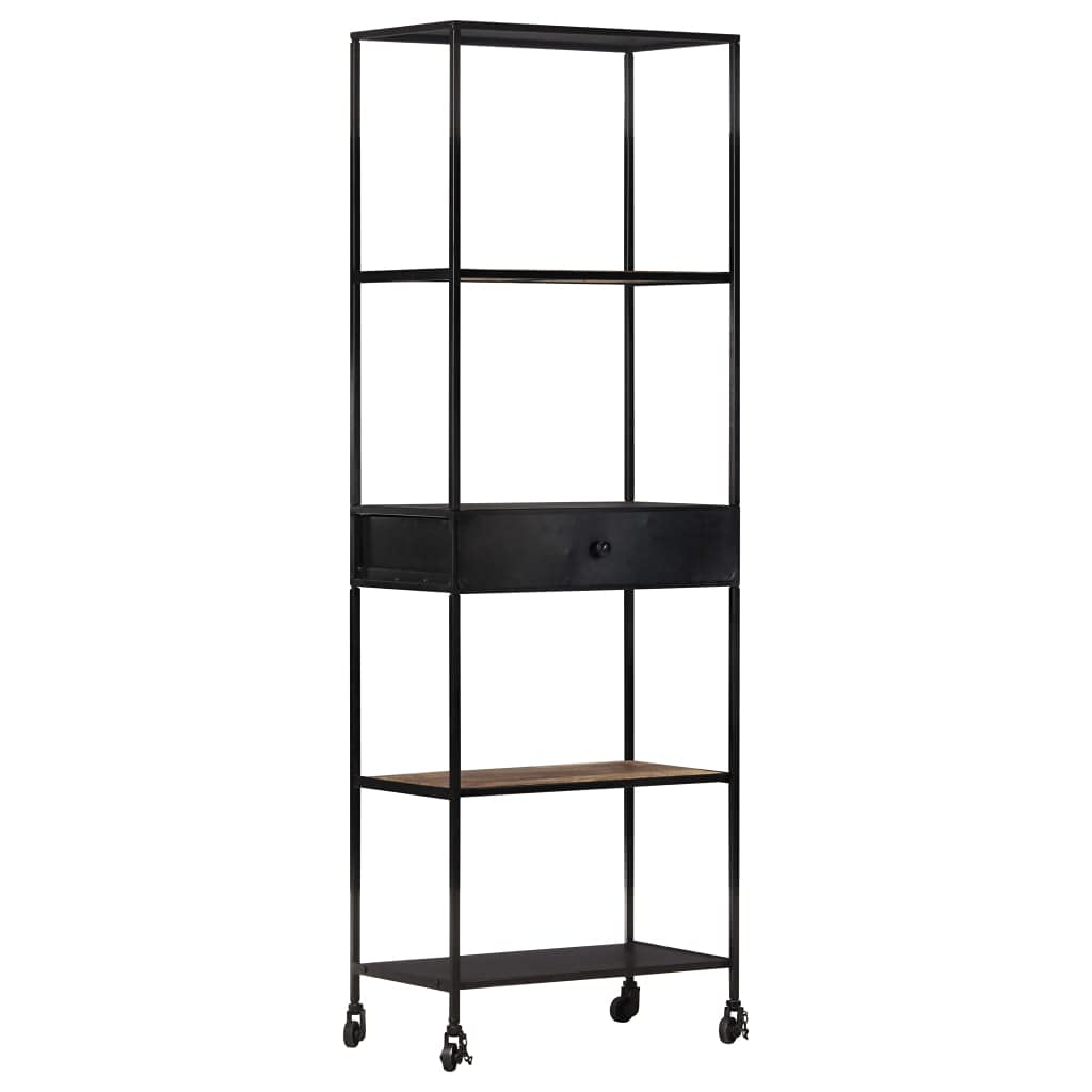 vidaXL Industrial Style Book Cabinet with Drawer - Rough Mango Wood & Black Powder-Coated Iron Stand - 23.6&quot;x13.8&quot;x70.9&quot;