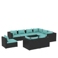 vidaXL Patio Lounge Set - 9 Pieces, Poly Rattan Construction, Sturdy Powder-Coated Steel Frame, Includes Cushions, Water-Resistant, Black with Water Blue Cushions