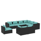 vidaXL Patio Lounge Set - 9 Pieces, Poly Rattan Construction, Sturdy Powder-Coated Steel Frame, Includes Cushions, Water-Resistant, Black with Water Blue Cushions
