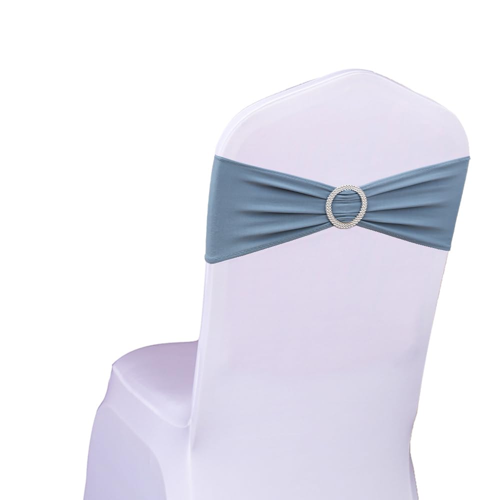 Sinssowl 100Pcs Stretch Spandex Dusty Blue Chair Sashes Bands With Buckles Slider Chair Sashes Bows For Wedding Party Banquet Bi