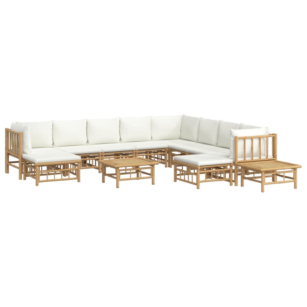 vidaXL 12 Piece Patio Lounge Set - Bamboo Outdoor Furniture with Cream White Cushions, Durable and Comfortable, Farmhouse Style, Flexible Modular Configuration - Brown and Cream