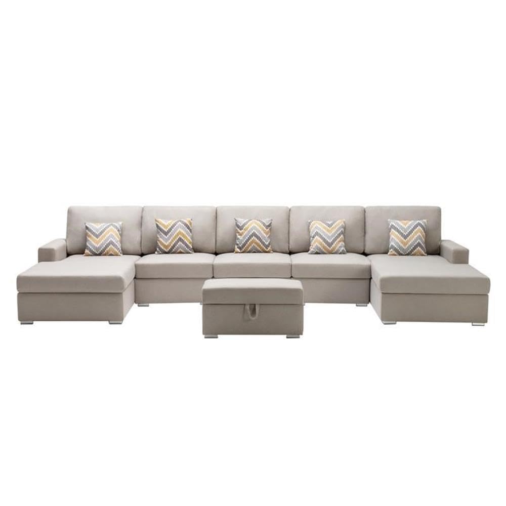 Lilola Home Nolan Beige Linen Fabric 6Pc Double Chaise Sectional Sofa with Interchangeable Legs, Storage Ottoman, and Pillows