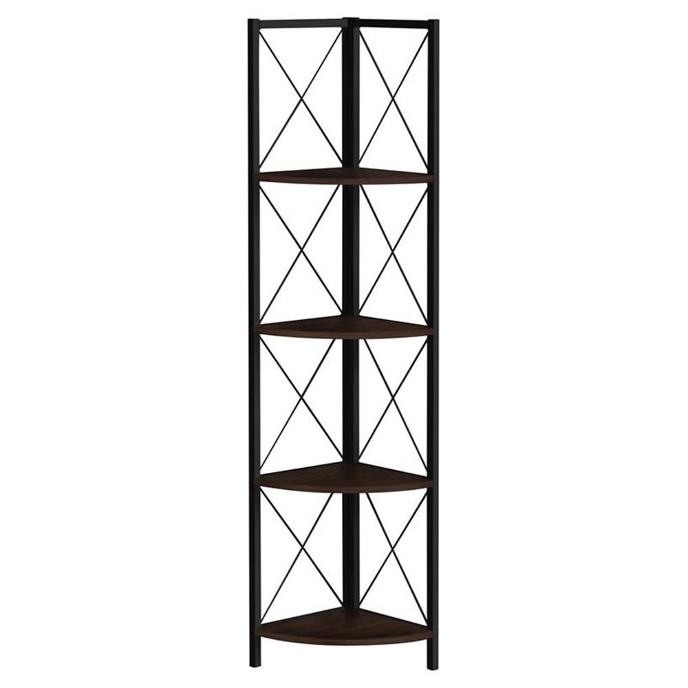 Monarch Specialties I 3645 Bookshelf, Bookcase, Etagere, Corner, 4 Tier, 60&quot; H, Office, Bedroom, Metal, Laminate, Brown, Black, Contemporary, Modern