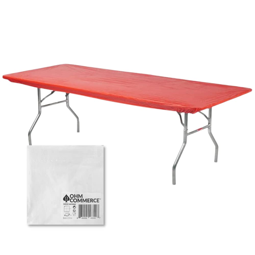 Kwik-Covers 6' Rectangular Plastic Table Covers Bundle Of 5 With Seventy (70) Ohm Commerce Paper Napkins - Indoor Or Outdoor Fitted Table Covers (Table Not Included) (30' X 72' Red)