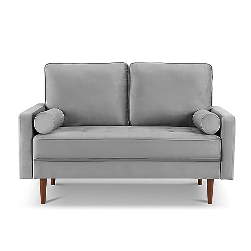 American Furniture Classics Grey 57 Inch Wide Upholstered Two Cushion Loveseat with Bolster Pillows Velvet, 57&quot; x 32&quot; x 37&quot;