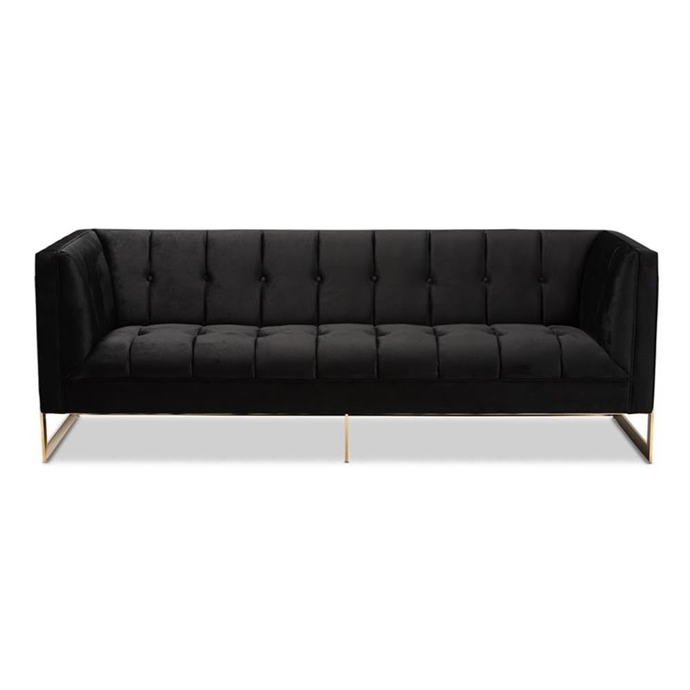 Baxton Studio Ambra Black Velvet and Button Tufted Sofa with Gold-Tone Frame
