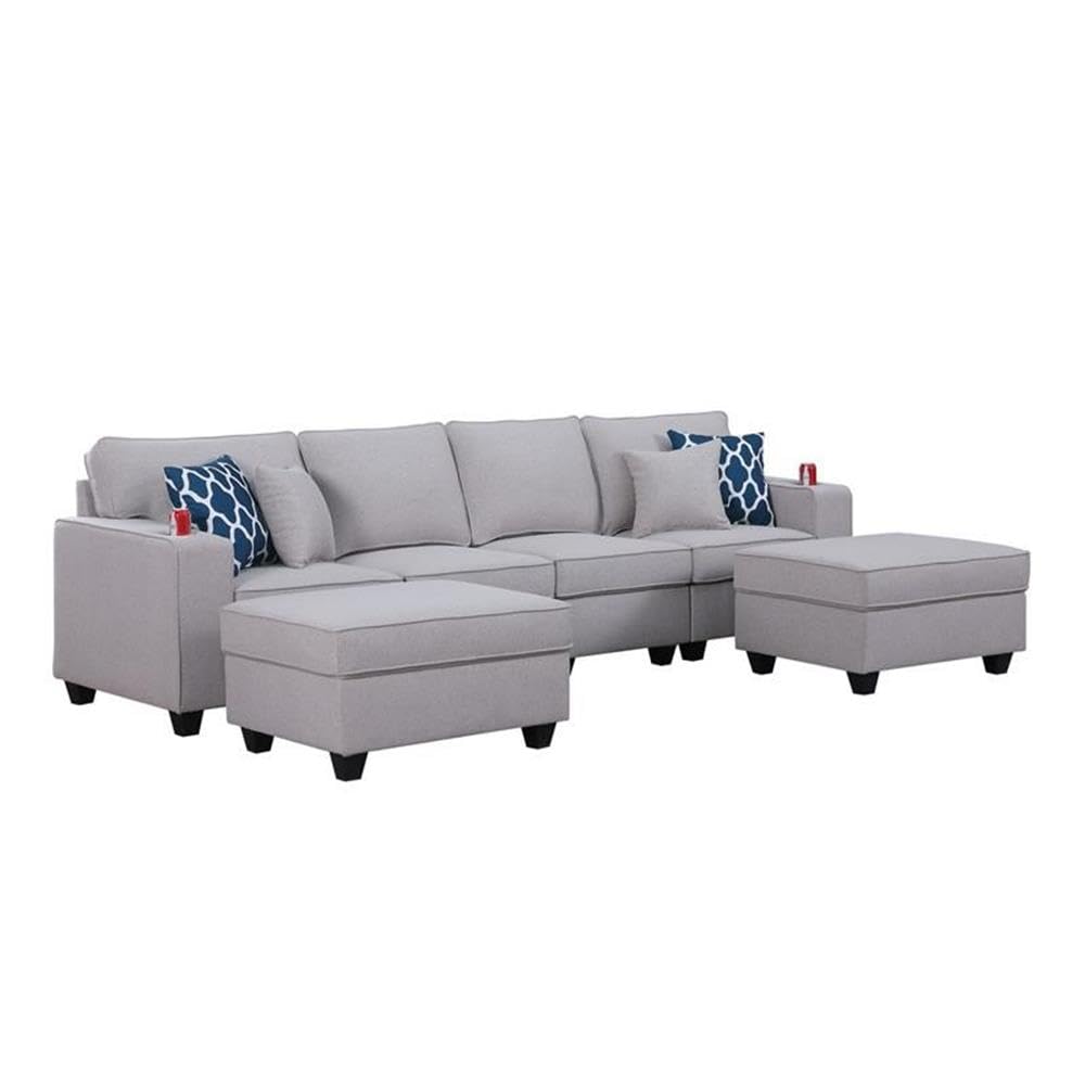 Lilola Home Cooper Light Gray Linen 4-Seater Sofa with 2 Ottomans and Cupholder