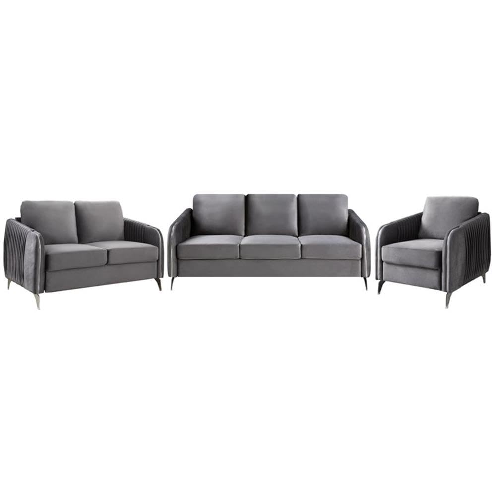 Lilola Home Hathaway Gray Velvet Fabric Sofa Loveseat Chair Living Room Set