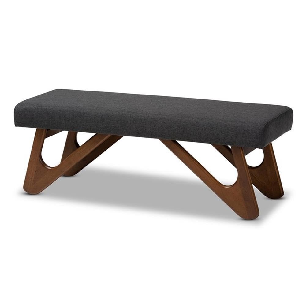 Baxton Studio Rika Dark Grey Upholstered Walnut Brown Boomerang Bench
