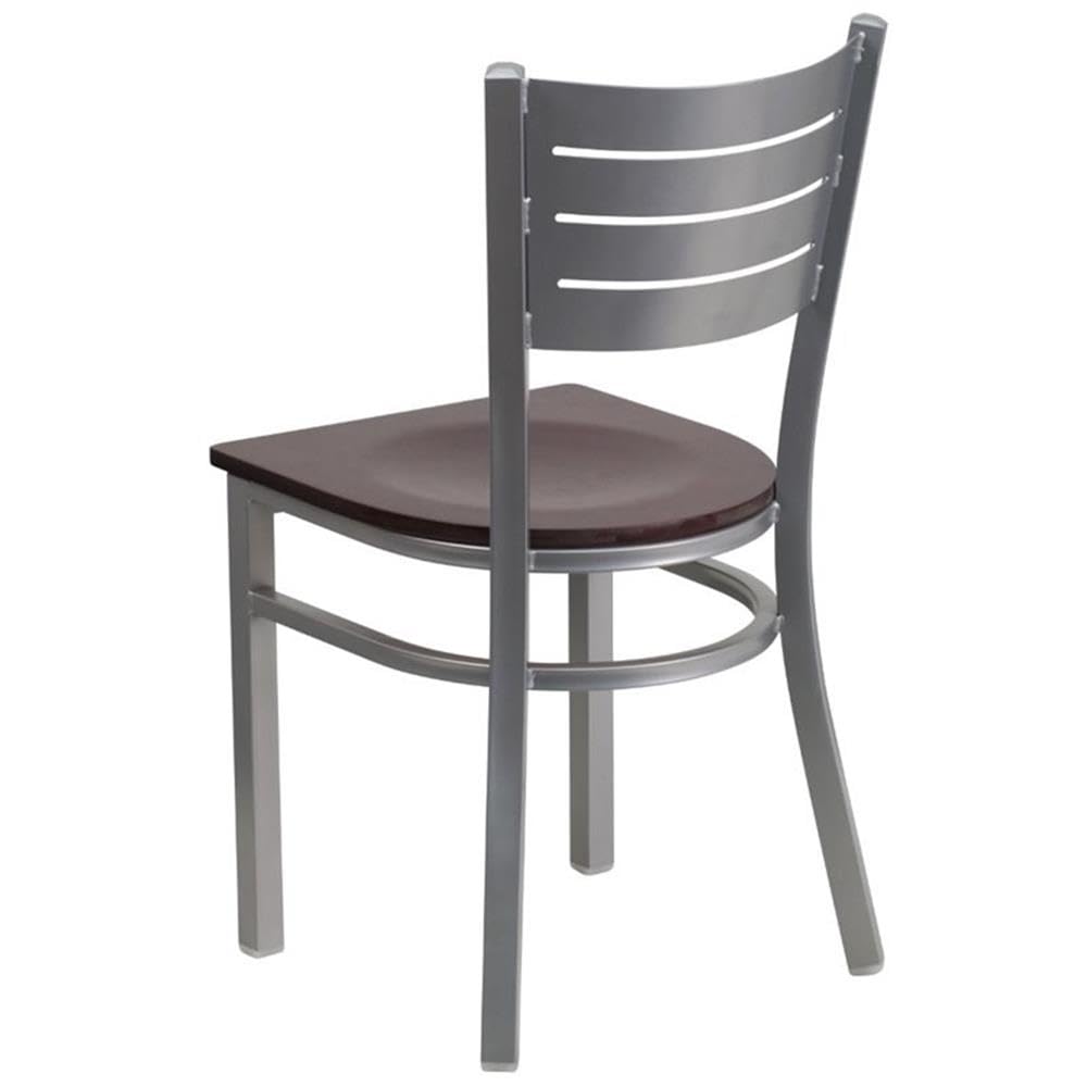 Flash Furniture HERCULES Series Silver Slat Back Metal Restaurant Chair - Mahogany Wood Seat
