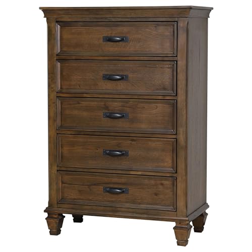 Coaster Franco Collection 36&quot; Chest with 5 Drawers Black Metal Handles Solid Hardwood and New Zealand Pine Construction Burnished Oak 200975