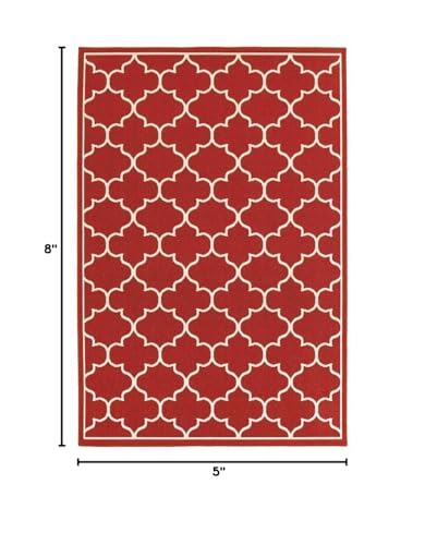 HomeRoots Polypropylene 5’x8’ Red and Ivory Trellis Indoor Outdoor Area Rug