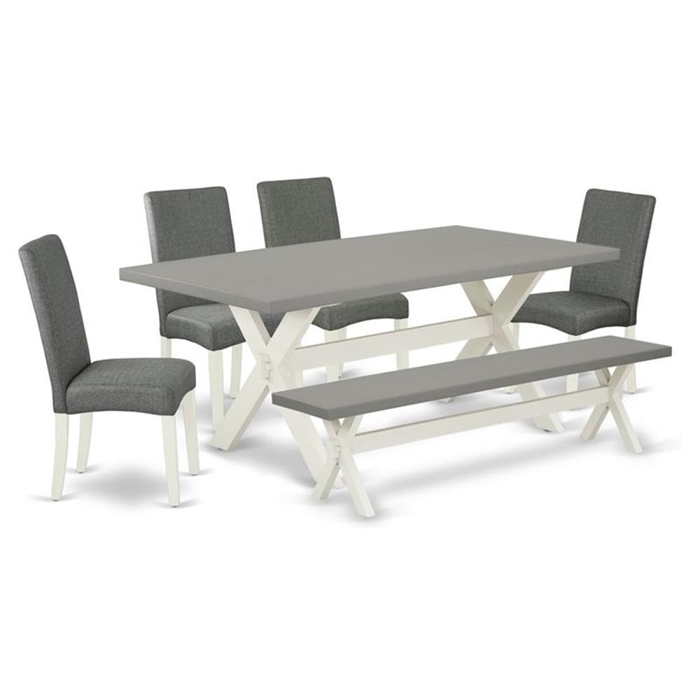East West Furniture X097Dr207-6 6 Piece Kitchen Table Set Contains A Rectangle Dining Table With X-Legs And 4 Gray Linen Fabric Parson Chairs With A Bench, 40X72 Inch, Multi-Color