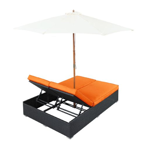 Modway Arrival Wicker Rattan Outdoor Patio Upholstered Double Chaise Lounge Chair In Espresso Orange With Umbrella