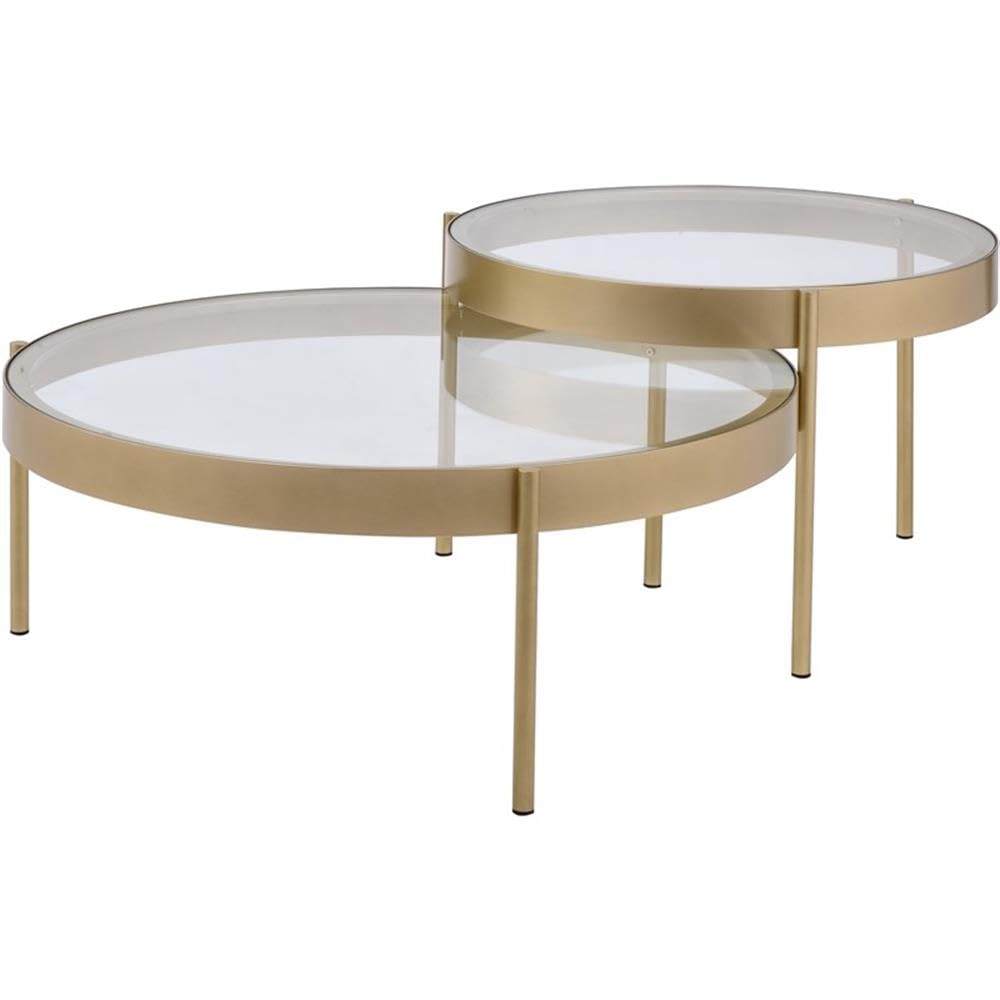 Acme Andover 2-Piece Round Glass Top Nesting Tables in Clear and Gold