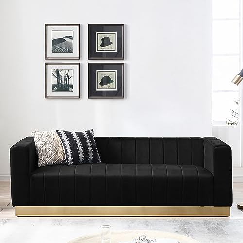 Woodpeckers Furniture And Mattress Foxy Velvet Sofa with Gold Steel Base, Fully Assembled (Black)