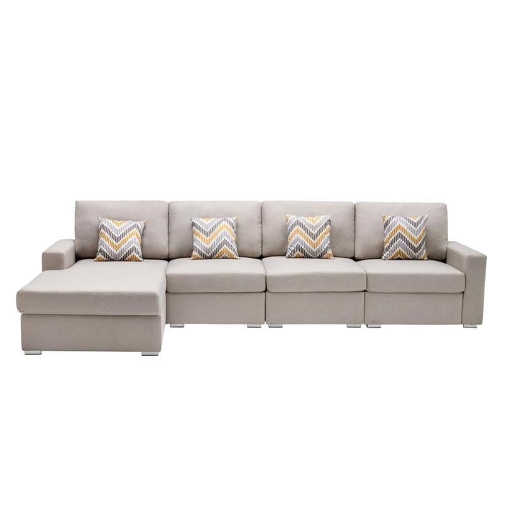 Lilola Home Nolan Beige Linen Fabric 4Pc Reversible Sectional Sofa Chaise with Pillows and Interchangeable Legs