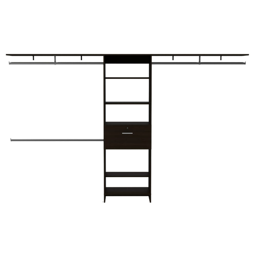 Zamora 70&Quot;W - 118&Quot;W Closet System, 3 Hanging Rods, 5 Shelves, 1 Drawer, Black