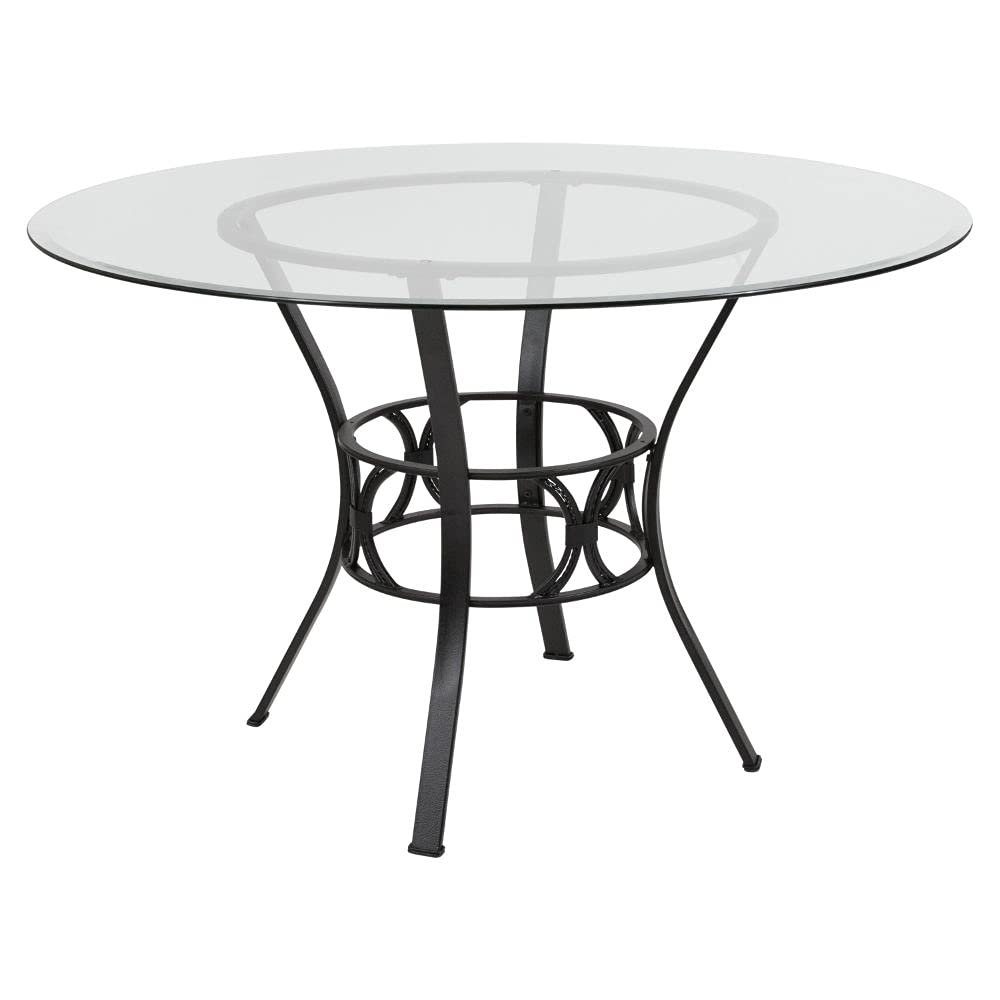 Flash Furniture Carlisle Round Glass Dining Table With Metal Frame, 42 In, Clear/Black