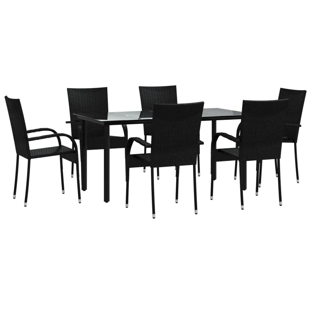 vidaXL Modern 7-Piece Patio Dining Set, Includes Tempered Glass Table & 6 Chairs, Made of Durable Poly Rattan & Powder-Coated Steel, Weather Resistant, Easy Assembly, Black