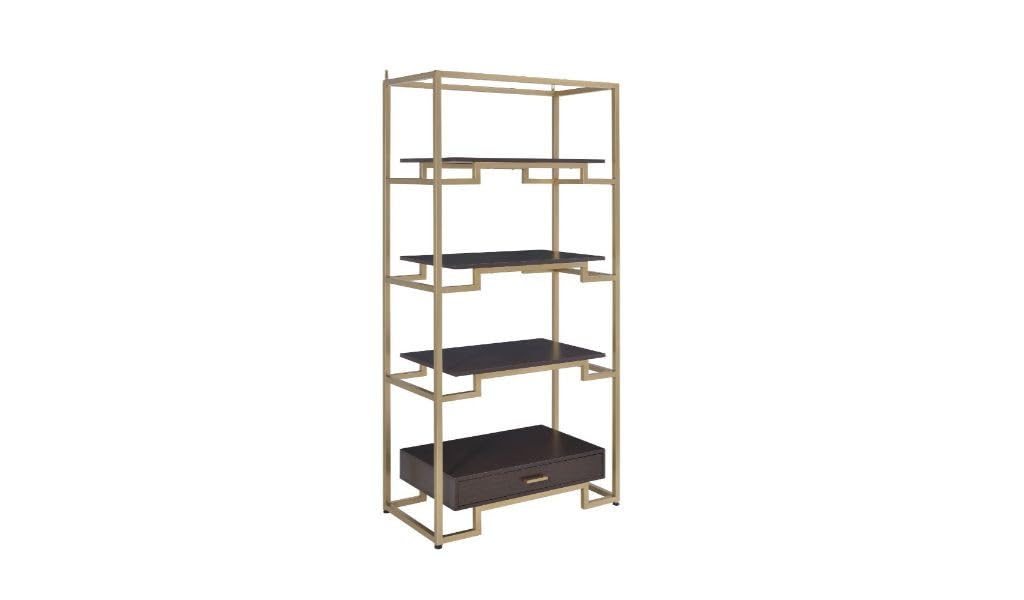 HomeRoots 486306 78 in. Metal Four Tier Etagere Bookcase with a Drawer Gold & Black