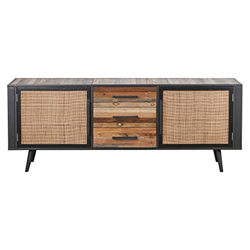 HomeRoots Recycled Boat Wood, Split Rattan & Iron 79' Modern Rustic Black Natural and Rattan Buffet Server