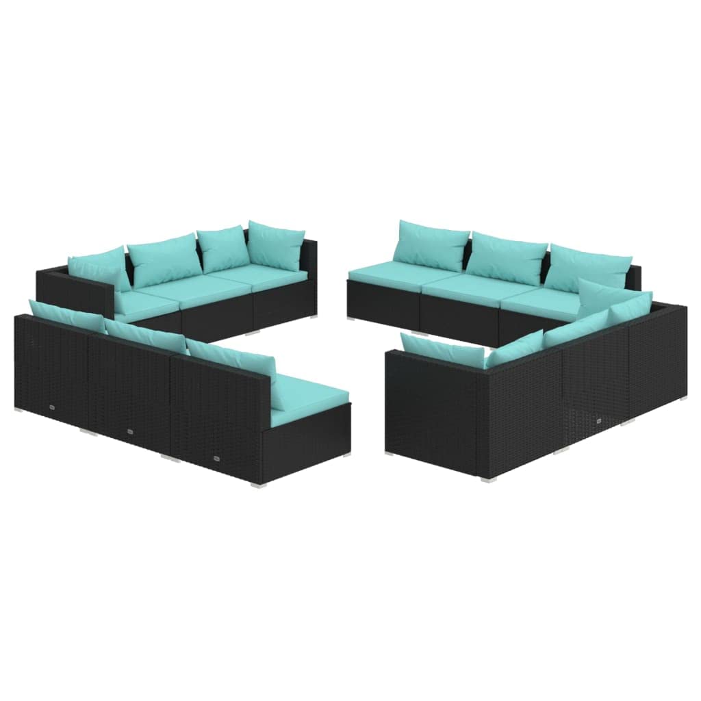 vidaXL 12-Piece Patio Lounge Set - Black Poly Rattan - Durable Steel Frame - Modular Design - Comfortable Outdoor Seating with Cushions - Easy Maintenance