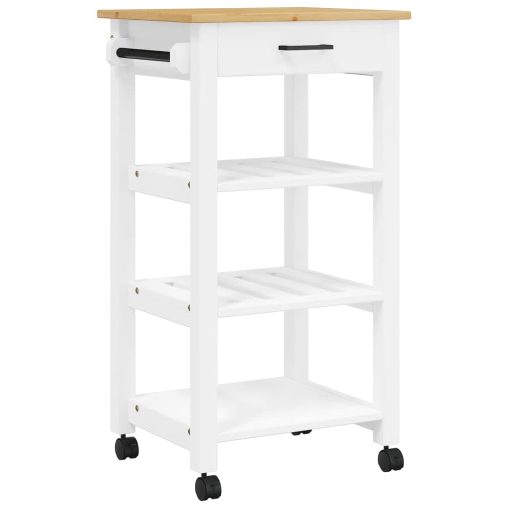 vidaXL Rolling Kitchen Trolley - White & Honey Wax, Solid Pine Wood Cart with Drawers/Shelves, Mobile Storage Organizer for Kitchen/Living Room/Bathroom