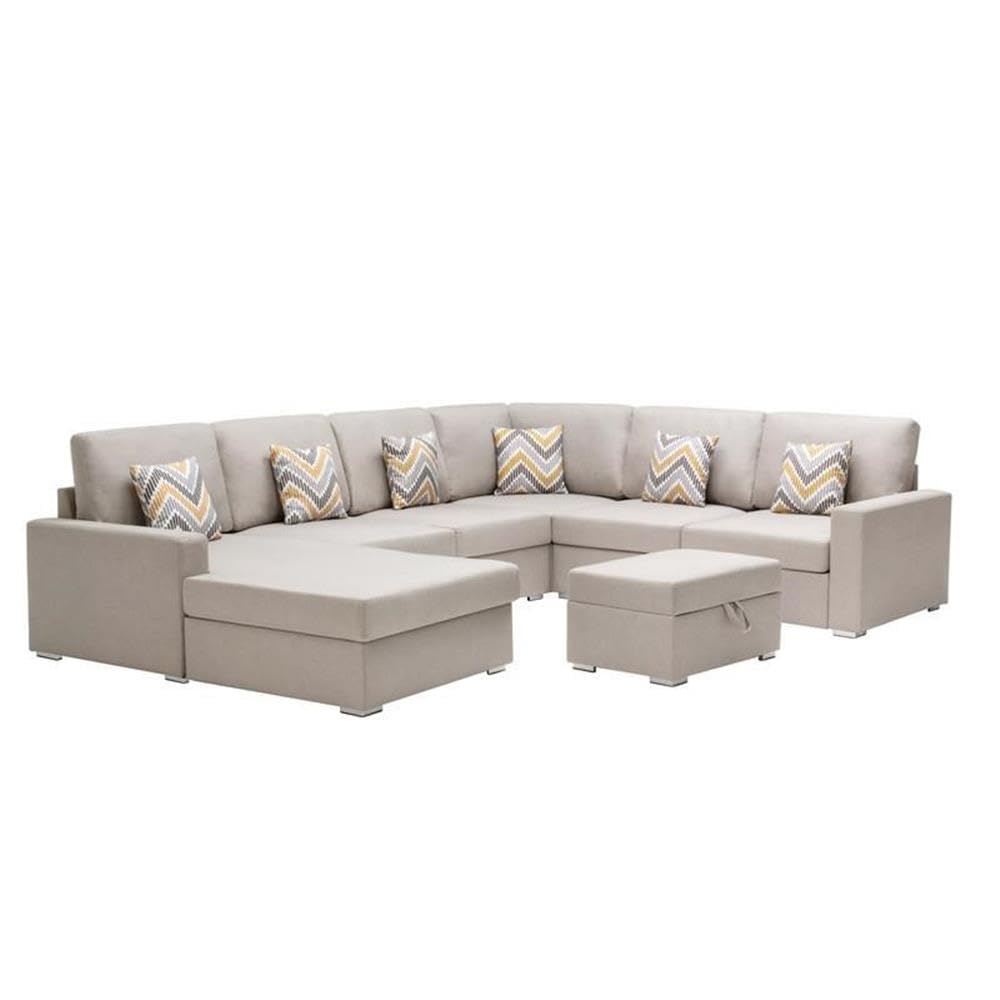 Lilola Home Nolan Beige Linen Fabric 7Pc Reversible Chaise Sectional Sofa with Interchangeable Legs, Pillows and Storage Ottoman